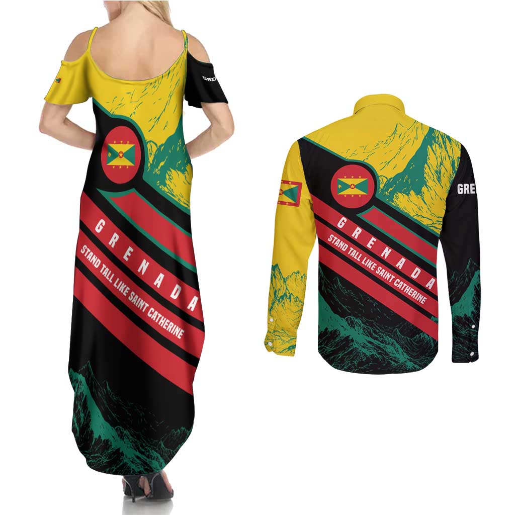 Grenada Mountain Graphic Couples Matching Summer Maxi Dress and Long Sleeve Button Shirt with National Flag and Saint Catherine Quote Design - Wonder Print Shop