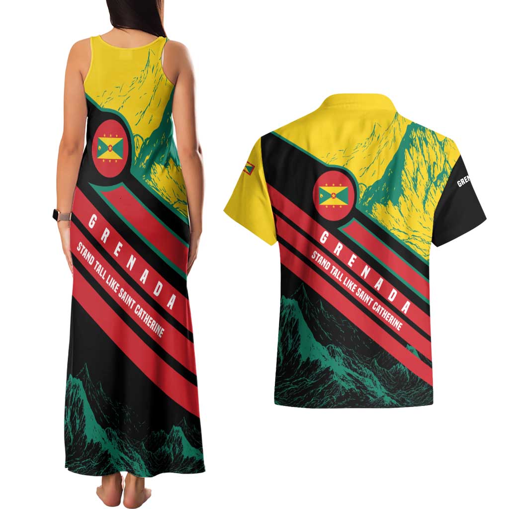 Grenada Mountain Graphic Couples Matching Tank Maxi Dress and Hawaiian Shirt with National Flag and Saint Catherine Quote Design - Wonder Print Shop