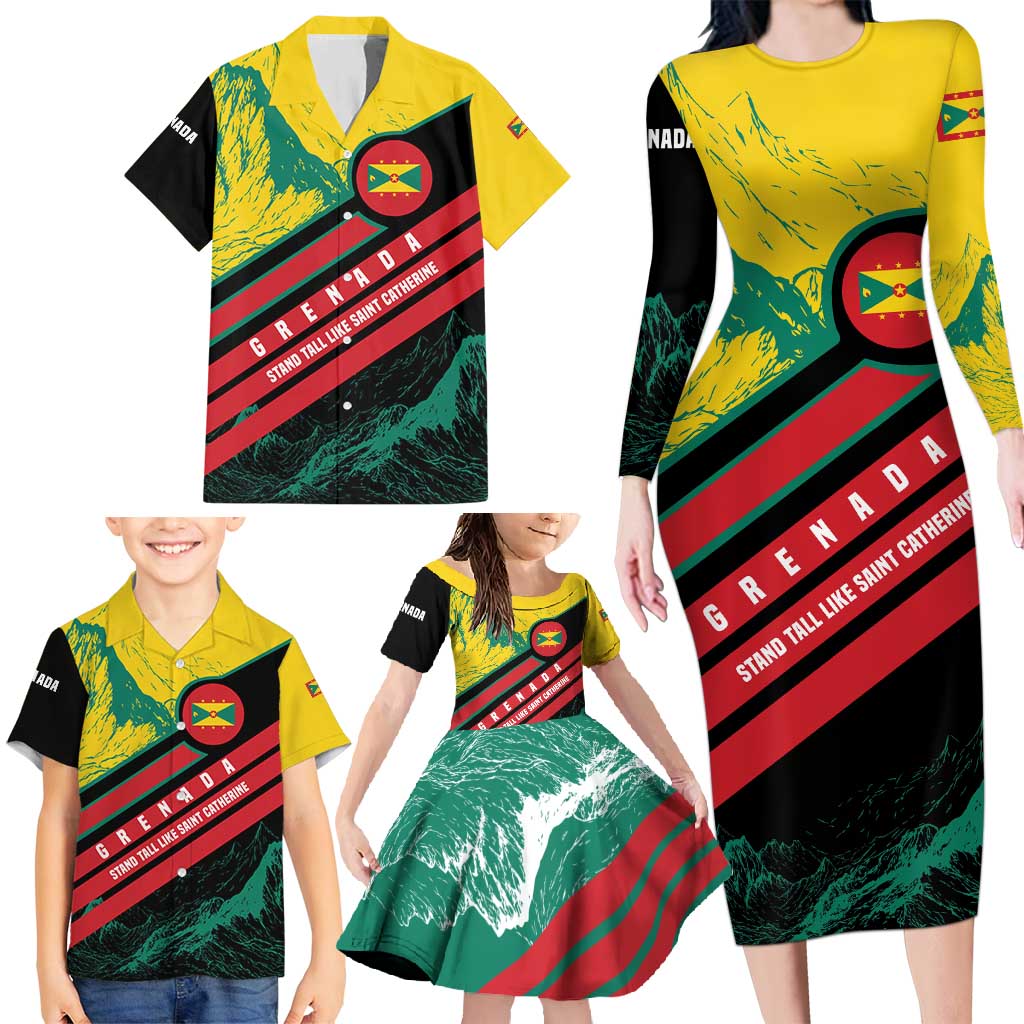 Grenada Mountain Graphic Family Matching Long Sleeve Bodycon Dress and Hawaiian Shirt with National Flag and Saint Catherine Quote Design - Wonder Print Shop