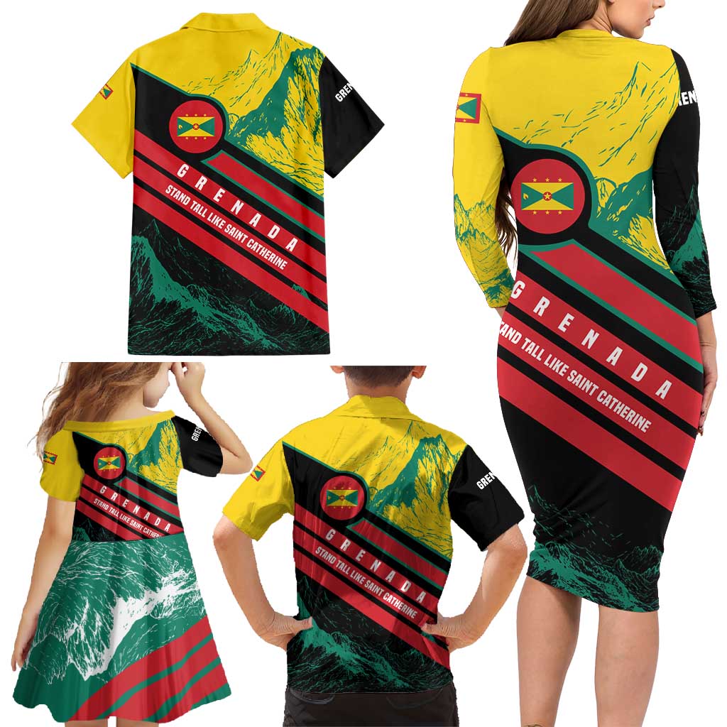 Grenada Mountain Graphic Family Matching Long Sleeve Bodycon Dress and Hawaiian Shirt with National Flag and Saint Catherine Quote Design - Wonder Print Shop