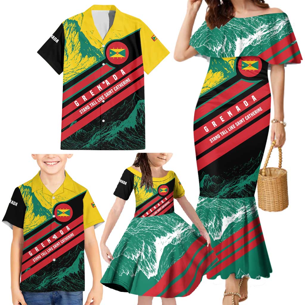 Grenada Mountain Graphic Family Matching Mermaid Dress and Hawaiian Shirt with National Flag and Saint Catherine Quote Design - Wonder Print Shop