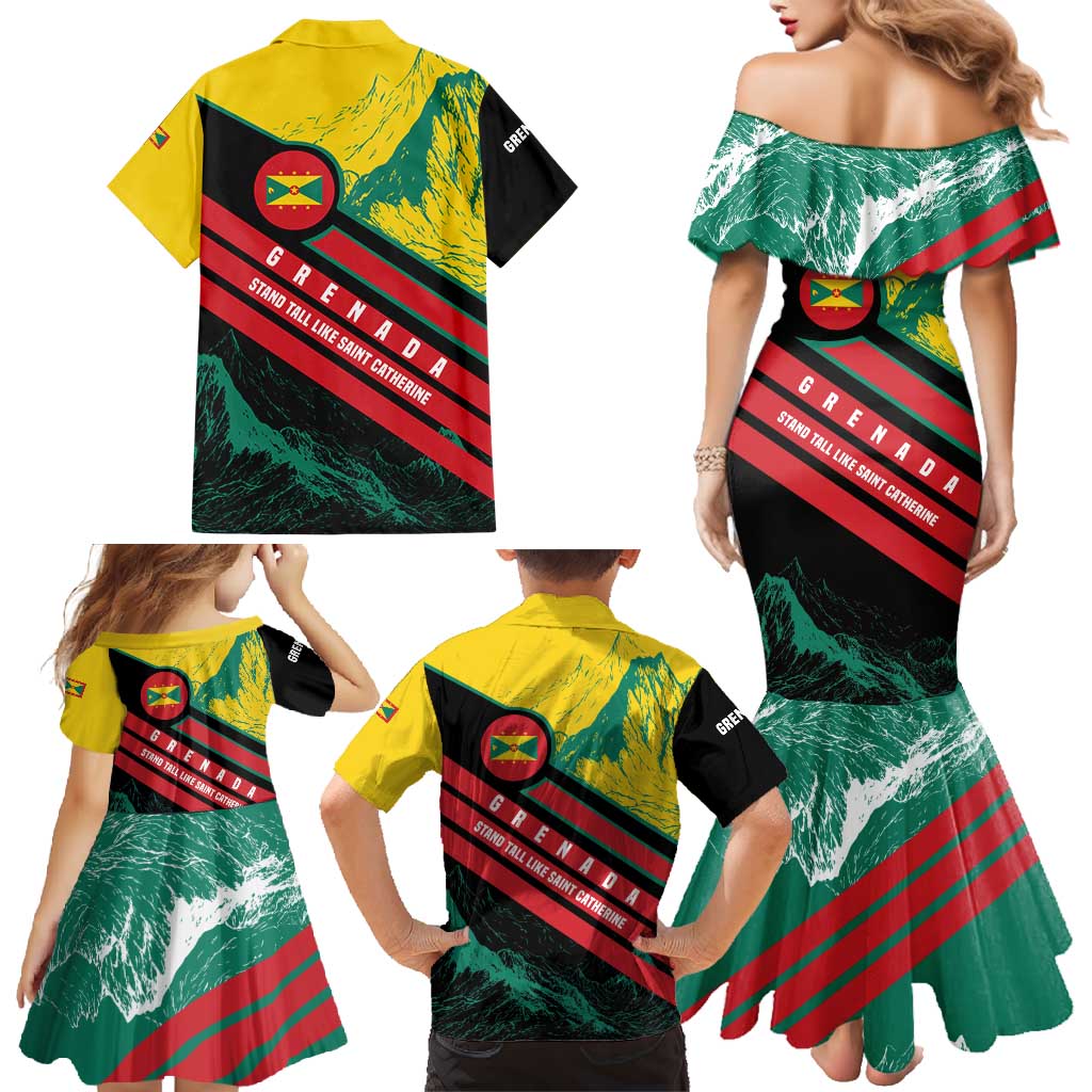 Grenada Mountain Graphic Family Matching Mermaid Dress and Hawaiian Shirt with National Flag and Saint Catherine Quote Design - Wonder Print Shop