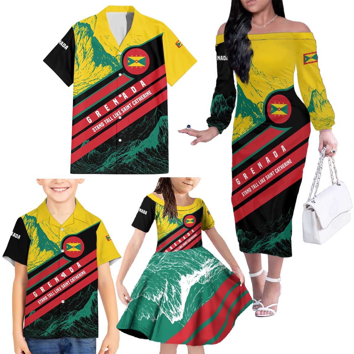 Grenada Mountain Graphic Family Matching Off The Shoulder Long Sleeve Dress and Hawaiian Shirt with National Flag and Saint Catherine Quote Design - Wonder Print Shop