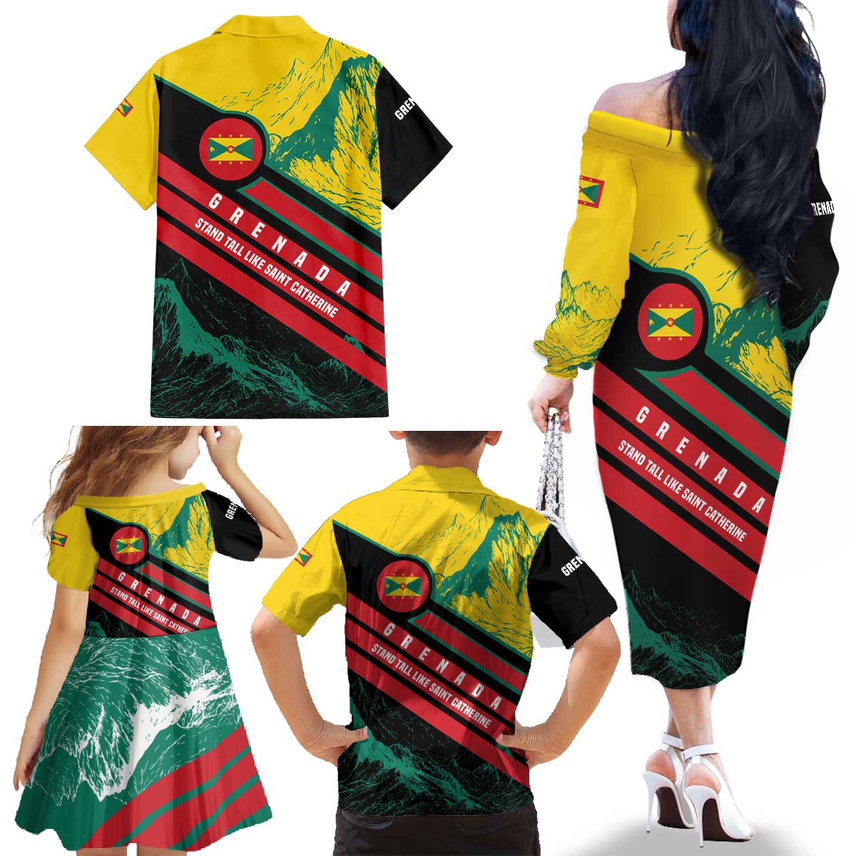 Grenada Mountain Graphic Family Matching Off The Shoulder Long Sleeve Dress and Hawaiian Shirt with National Flag and Saint Catherine Quote Design - Wonder Print Shop
