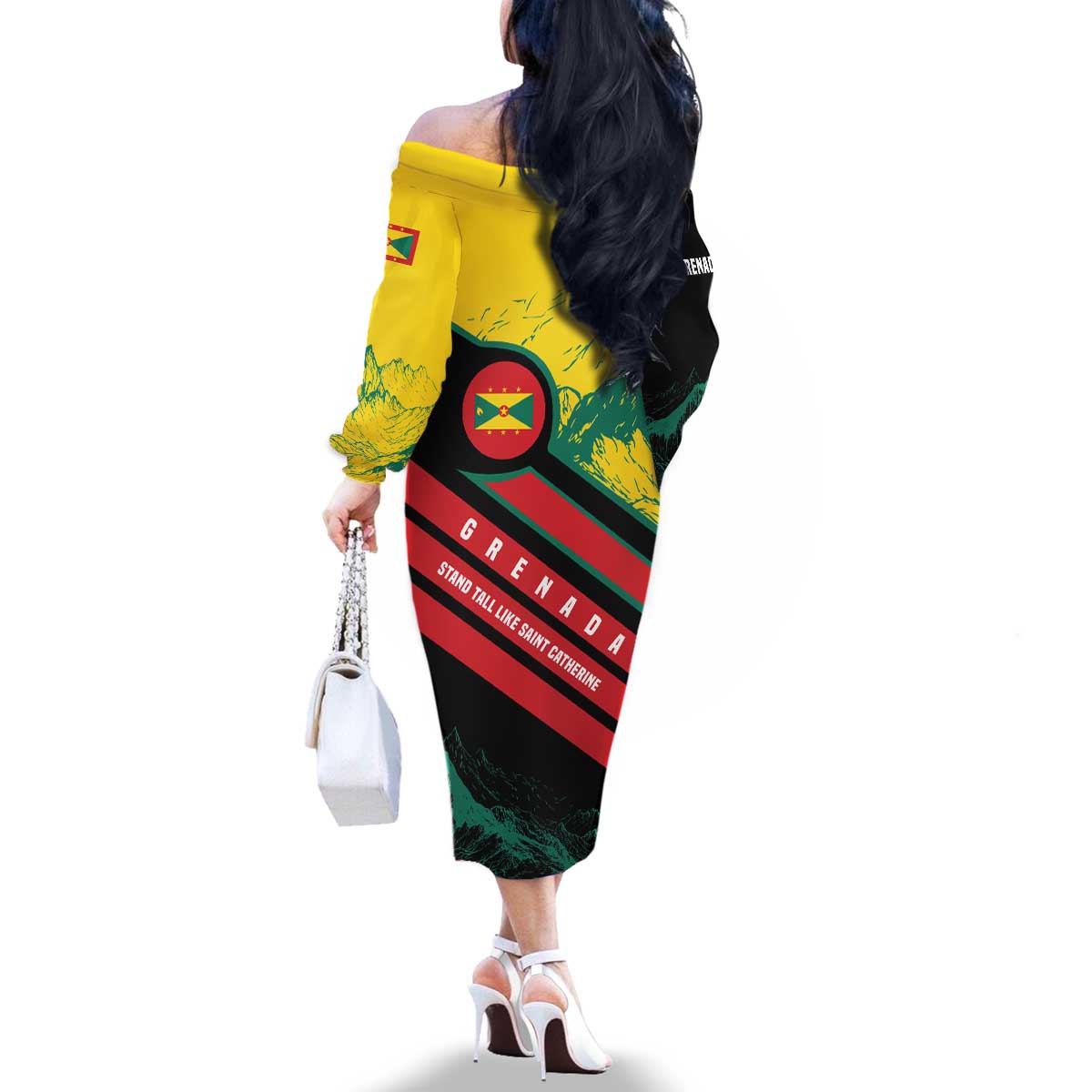 Grenada Mountain Graphic Family Matching Off The Shoulder Long Sleeve Dress and Hawaiian Shirt with National Flag and Saint Catherine Quote Design - Wonder Print Shop