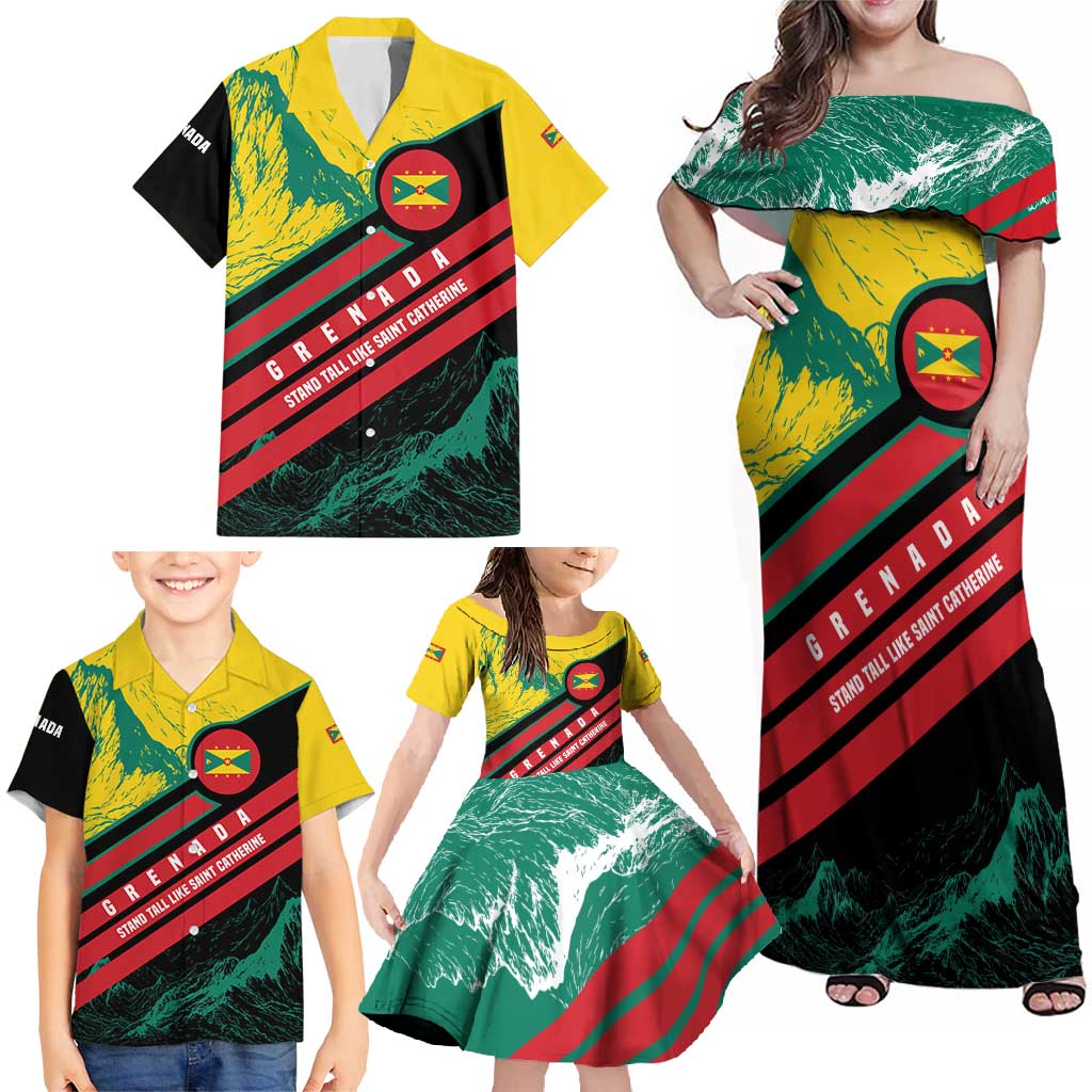 Grenada Mountain Graphic Family Matching Off Shoulder Maxi Dress and Hawaiian Shirt with National Flag and Saint Catherine Quote Design - Wonder Print Shop