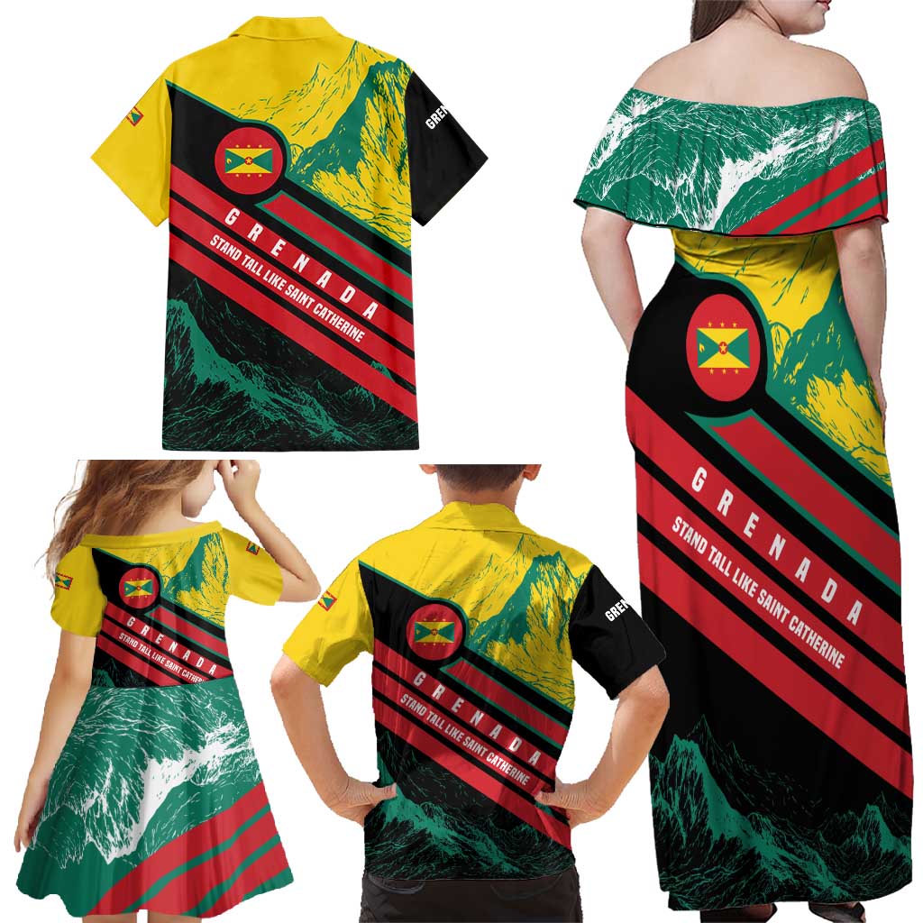 Grenada Mountain Graphic Family Matching Off Shoulder Maxi Dress and Hawaiian Shirt with National Flag and Saint Catherine Quote Design - Wonder Print Shop