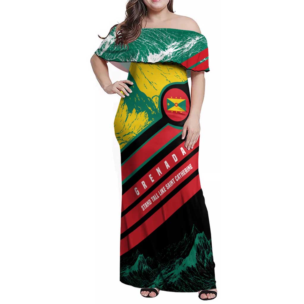 Grenada Mountain Graphic Family Matching Off Shoulder Maxi Dress and Hawaiian Shirt with National Flag and Saint Catherine Quote Design - Wonder Print Shop
