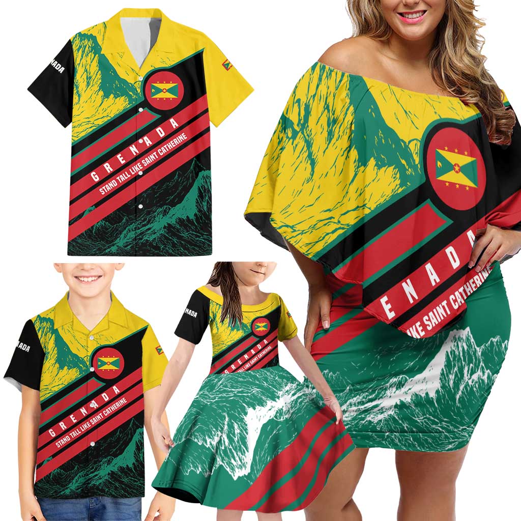 Grenada Mountain Graphic Family Matching Off Shoulder Short Dress and Hawaiian Shirt with National Flag and Saint Catherine Quote Design - Wonder Print Shop