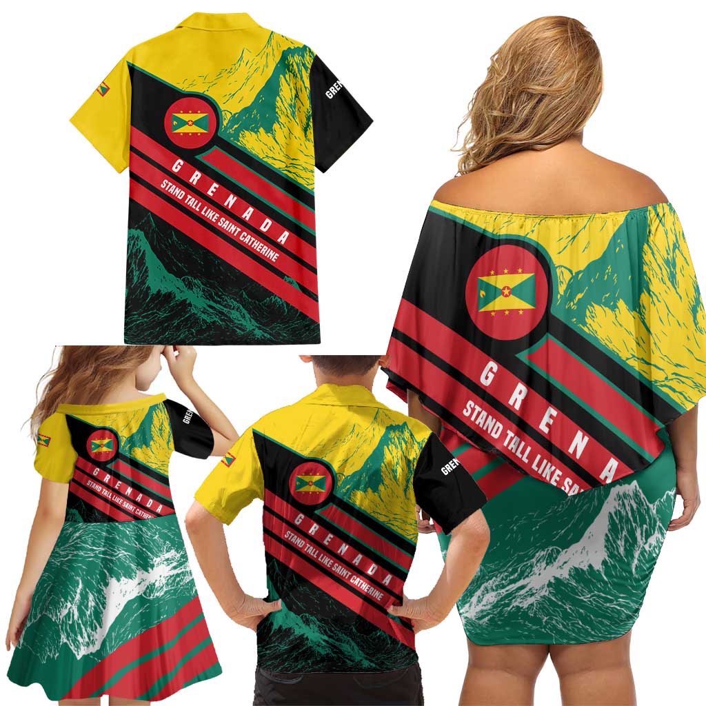 Grenada Mountain Graphic Family Matching Off Shoulder Short Dress and Hawaiian Shirt with National Flag and Saint Catherine Quote Design - Wonder Print Shop