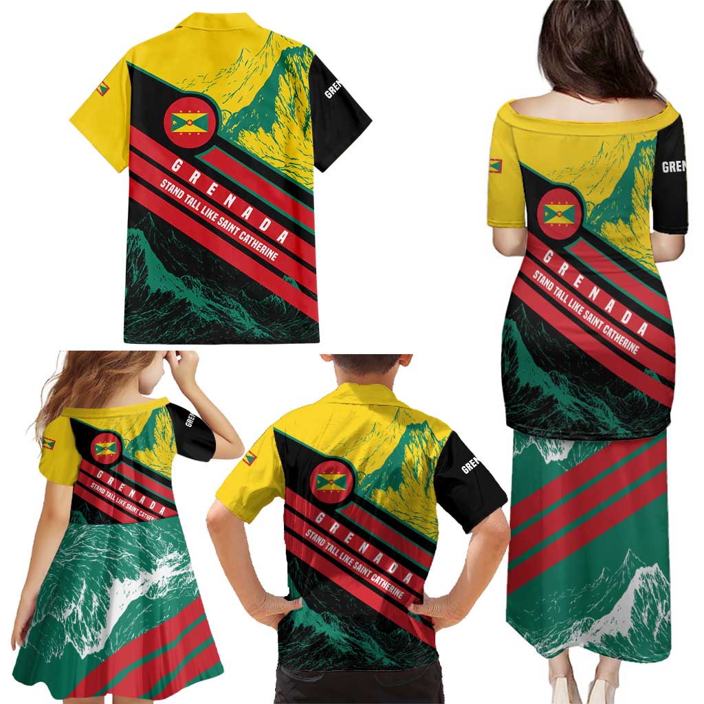 Grenada Mountain Graphic Family Matching Puletasi and Hawaiian Shirt with National Flag and Saint Catherine Quote Design - Wonder Print Shop