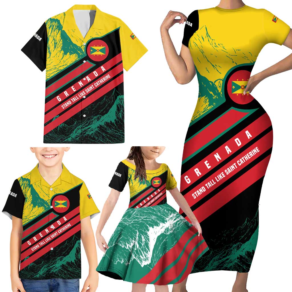 Grenada Mountain Graphic Family Matching Short Sleeve Bodycon Dress and Hawaiian Shirt with National Flag and Saint Catherine Quote Design - Wonder Print Shop