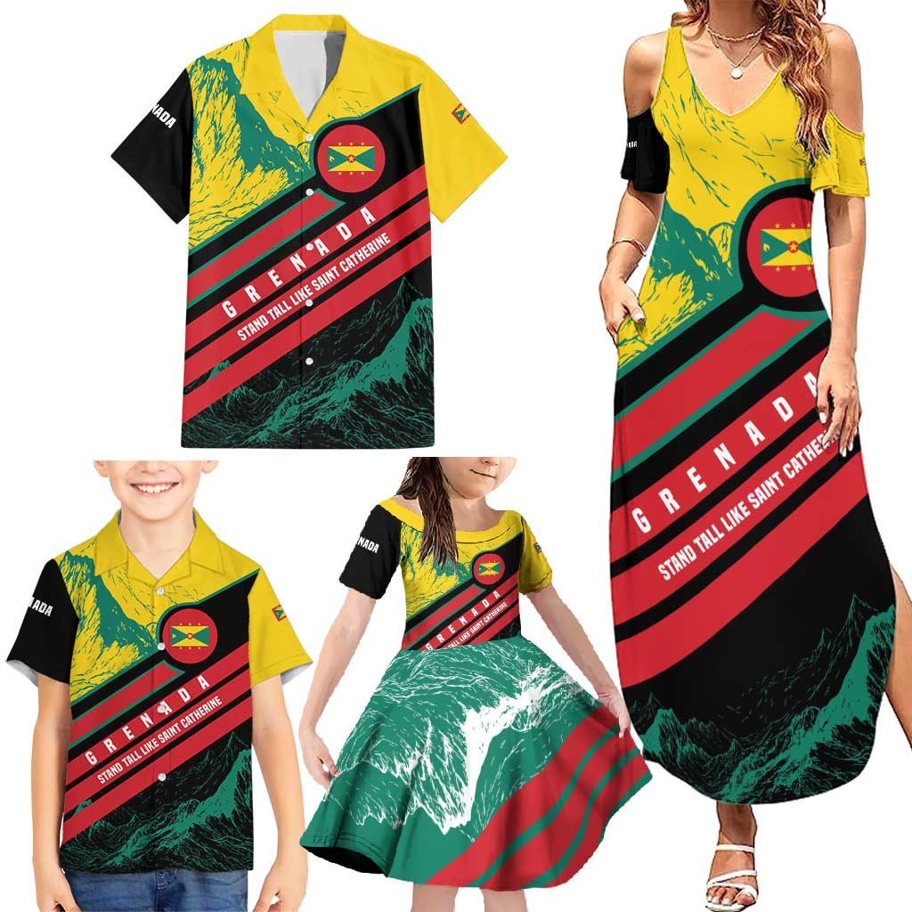 Grenada Mountain Graphic Family Matching Summer Maxi Dress and Hawaiian Shirt with National Flag and Saint Catherine Quote Design - Wonder Print Shop