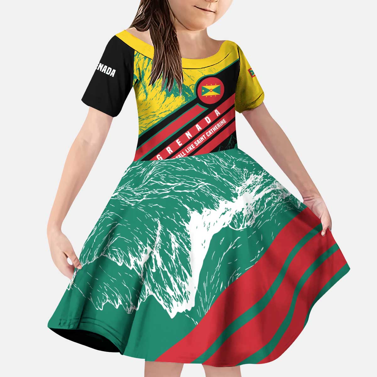 Grenada Mountain Graphic Kid Short Sleeve Dress with National Flag and Saint Catherine Quote Design - Wonder Print Shop