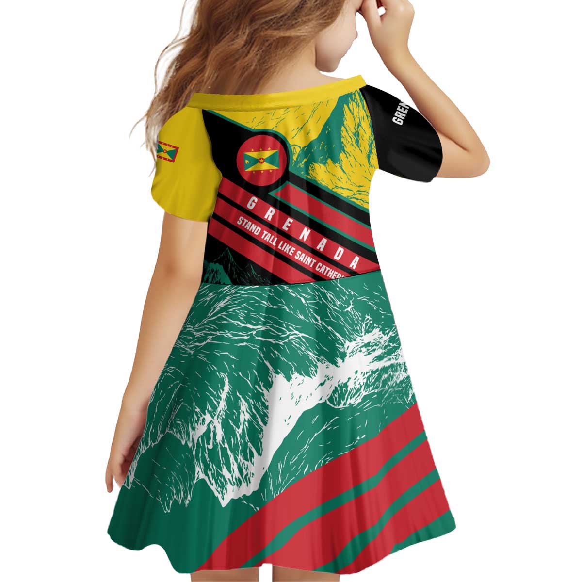 Grenada Mountain Graphic Kid Short Sleeve Dress with National Flag and Saint Catherine Quote Design - Wonder Print Shop