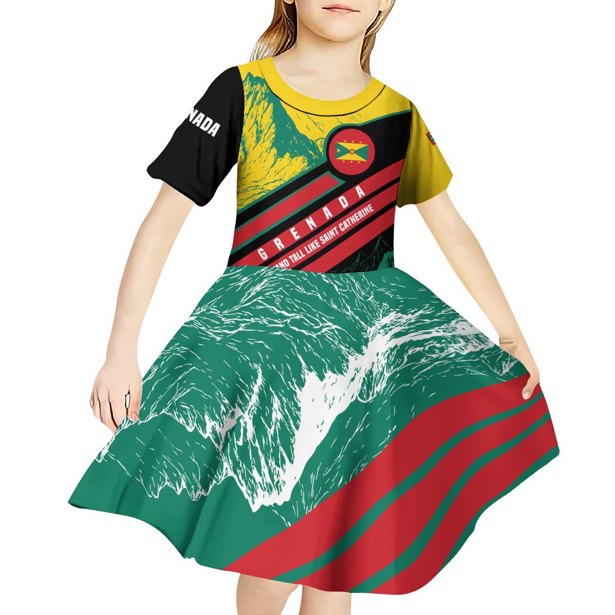Grenada Mountain Graphic Kid Short Sleeve Dress with National Flag and Saint Catherine Quote Design - Wonder Print Shop