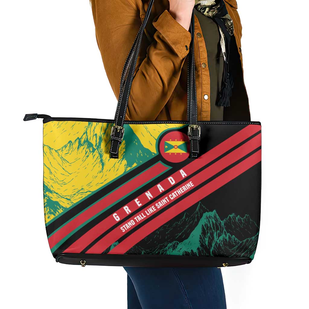 Grenada Mountain Graphic Leather Tote Bag with National Flag and Saint Catherine Quote Design - Wonder Print Shop