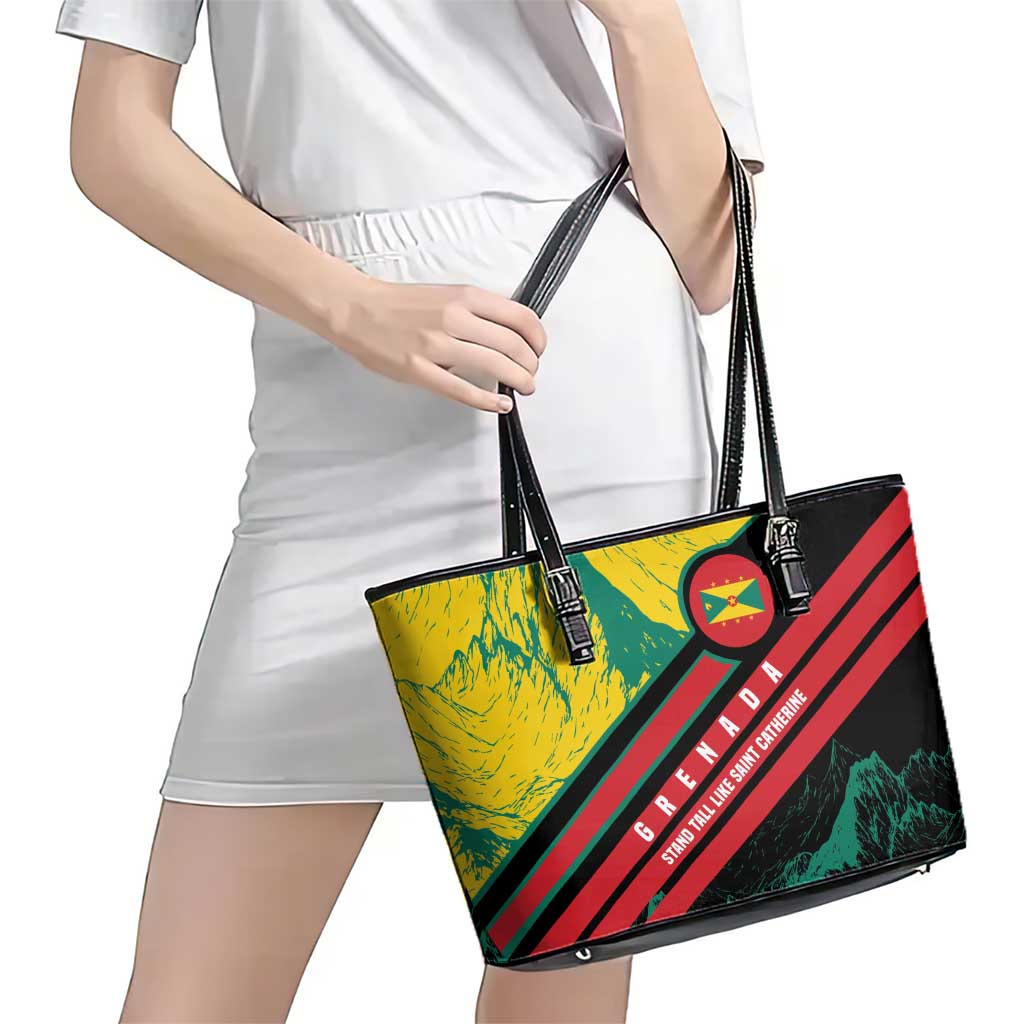 Grenada Mountain Graphic Leather Tote Bag with National Flag and Saint Catherine Quote Design - Wonder Print Shop