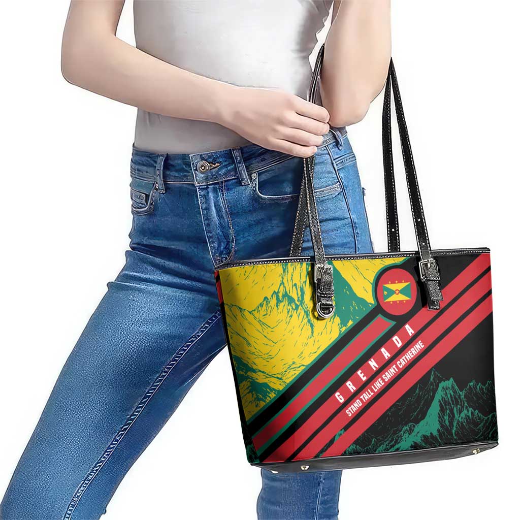 Grenada Mountain Graphic Leather Tote Bag with National Flag and Saint Catherine Quote Design - Wonder Print Shop