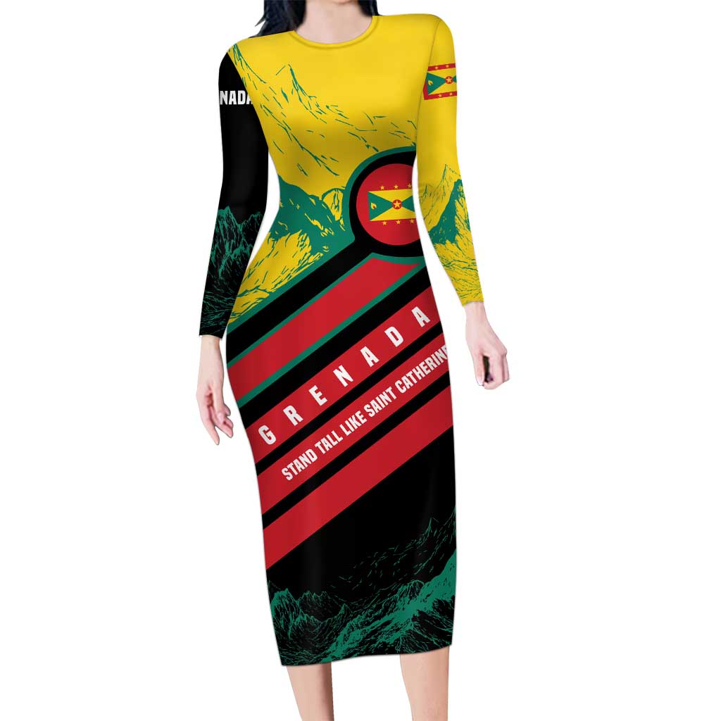 Grenada Mountain Graphic Long Sleeve Bodycon Dress with National Flag and Saint Catherine Quote Design - Wonder Print Shop