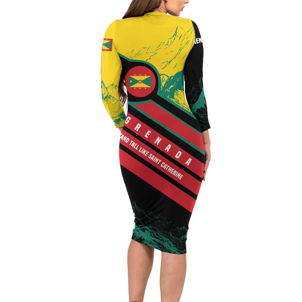 Grenada Mountain Graphic Long Sleeve Bodycon Dress with National Flag and Saint Catherine Quote Design - Wonder Print Shop
