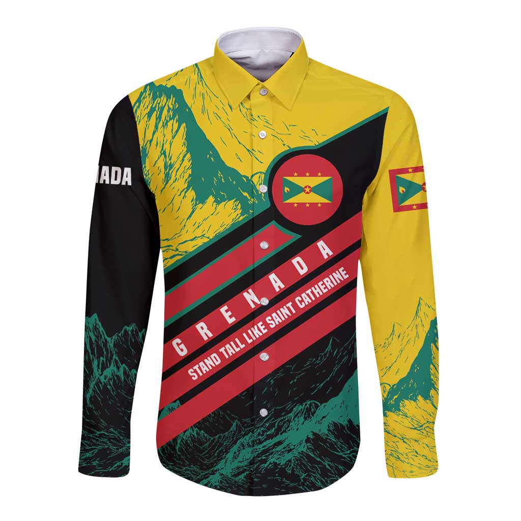 Grenada Mountain Graphic Long Sleeve Button Shirt with National Flag and Saint Catherine Quote Design - Wonder Print Shop