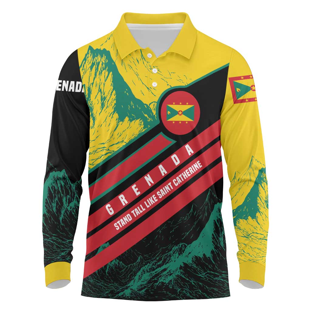 Grenada Mountain Graphic Long Sleeve Polo Shirt with National Flag and Saint Catherine Quote Design - Wonder Print Shop