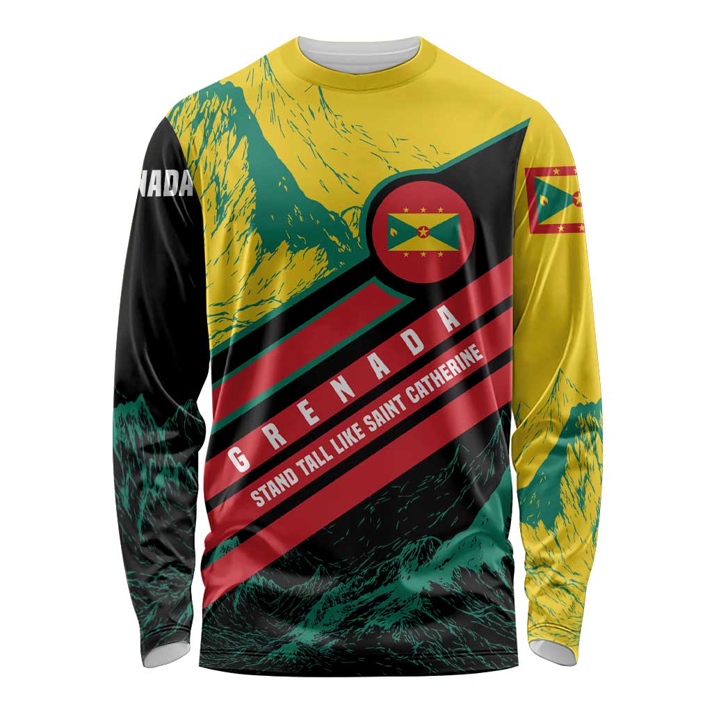 Grenada Mountain Graphic Long Sleeve Shirt with National Flag and Saint Catherine Quote Design - Wonder Print Shop