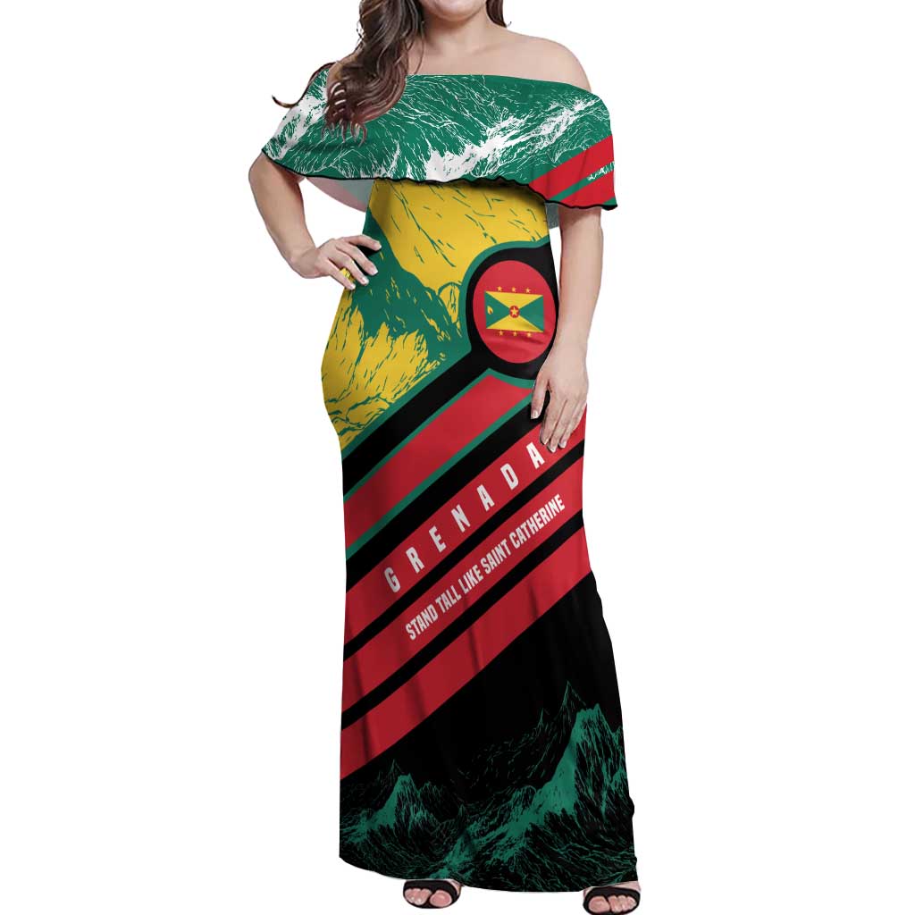 Grenada Mountain Graphic Off Shoulder Maxi Dress with National Flag and Saint Catherine Quote Design - Wonder Print Shop
