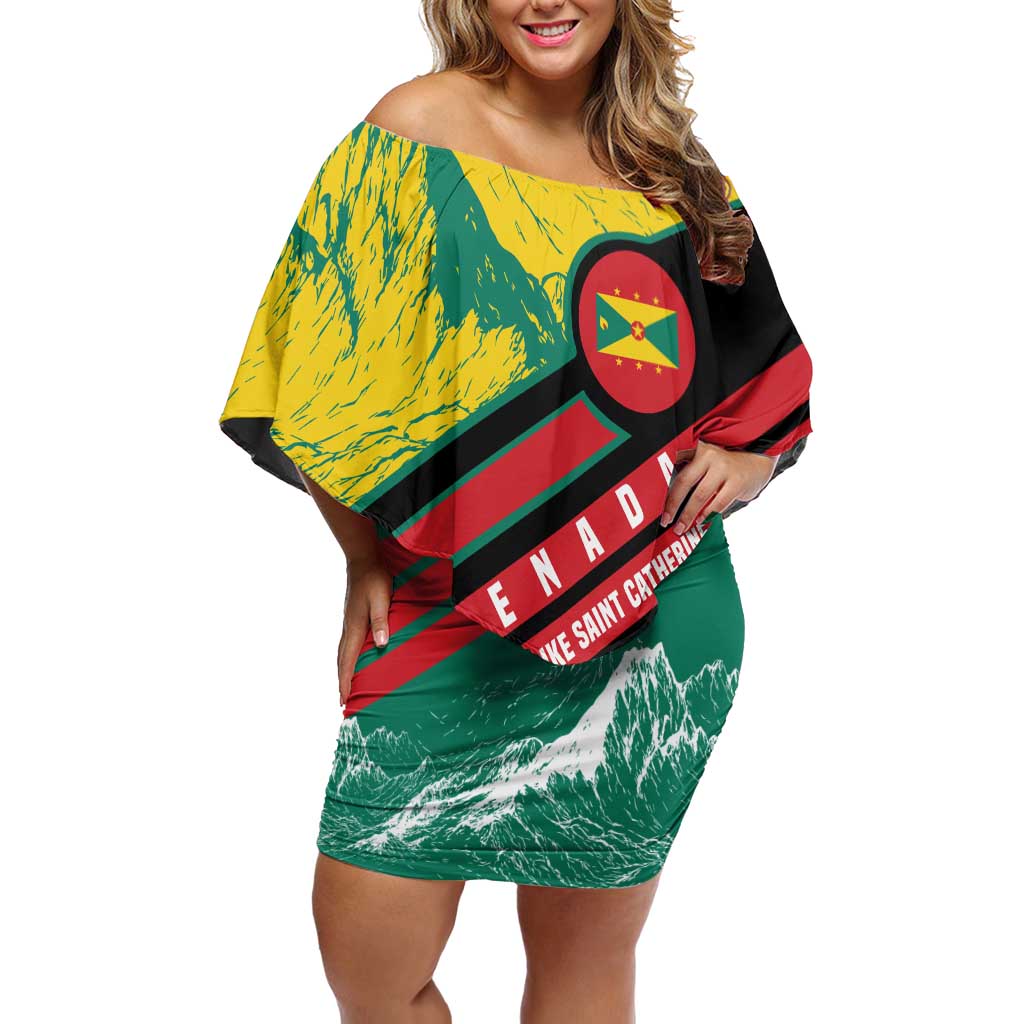 Grenada Mountain Graphic Off Shoulder Short Dress with National Flag and Saint Catherine Quote Design - Wonder Print Shop