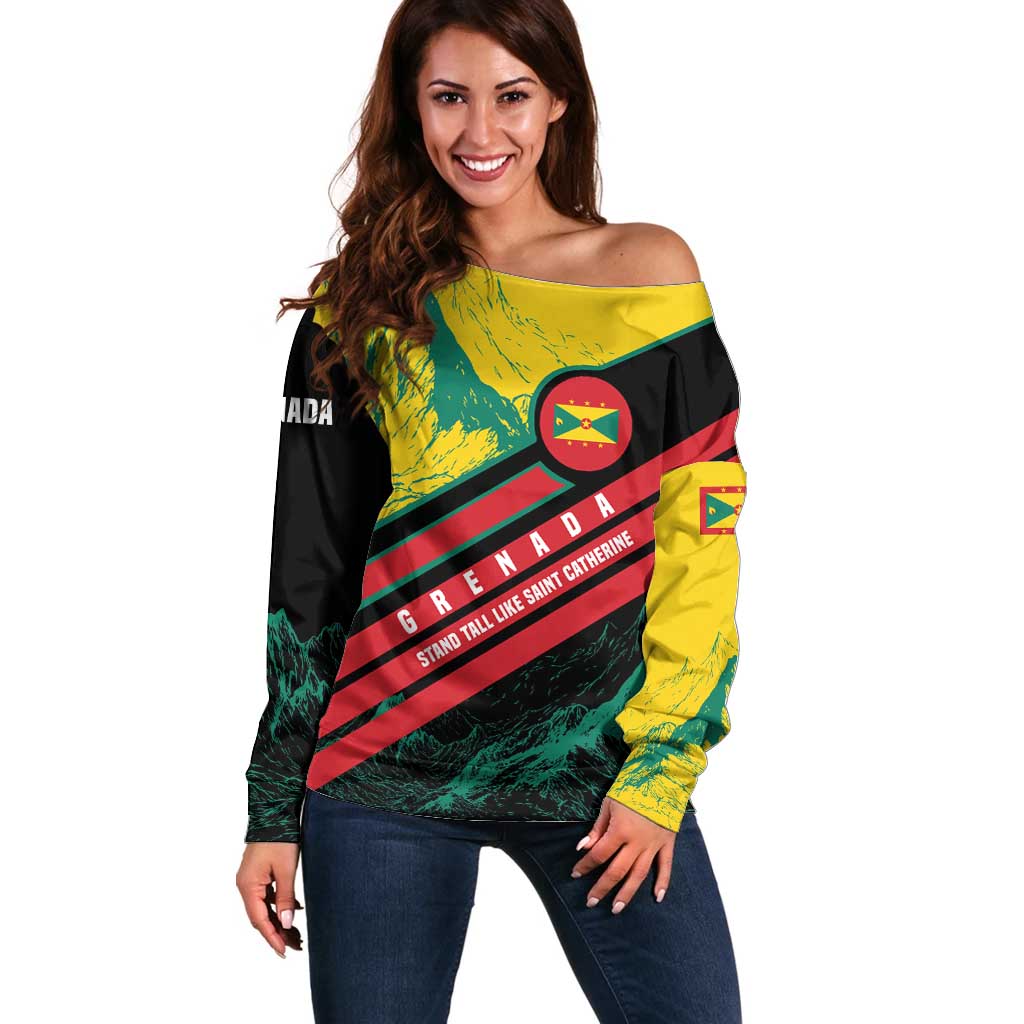 Grenada Mountain Graphic Off Shoulder Sweater with National Flag and Saint Catherine Quote Design - Wonder Print Shop