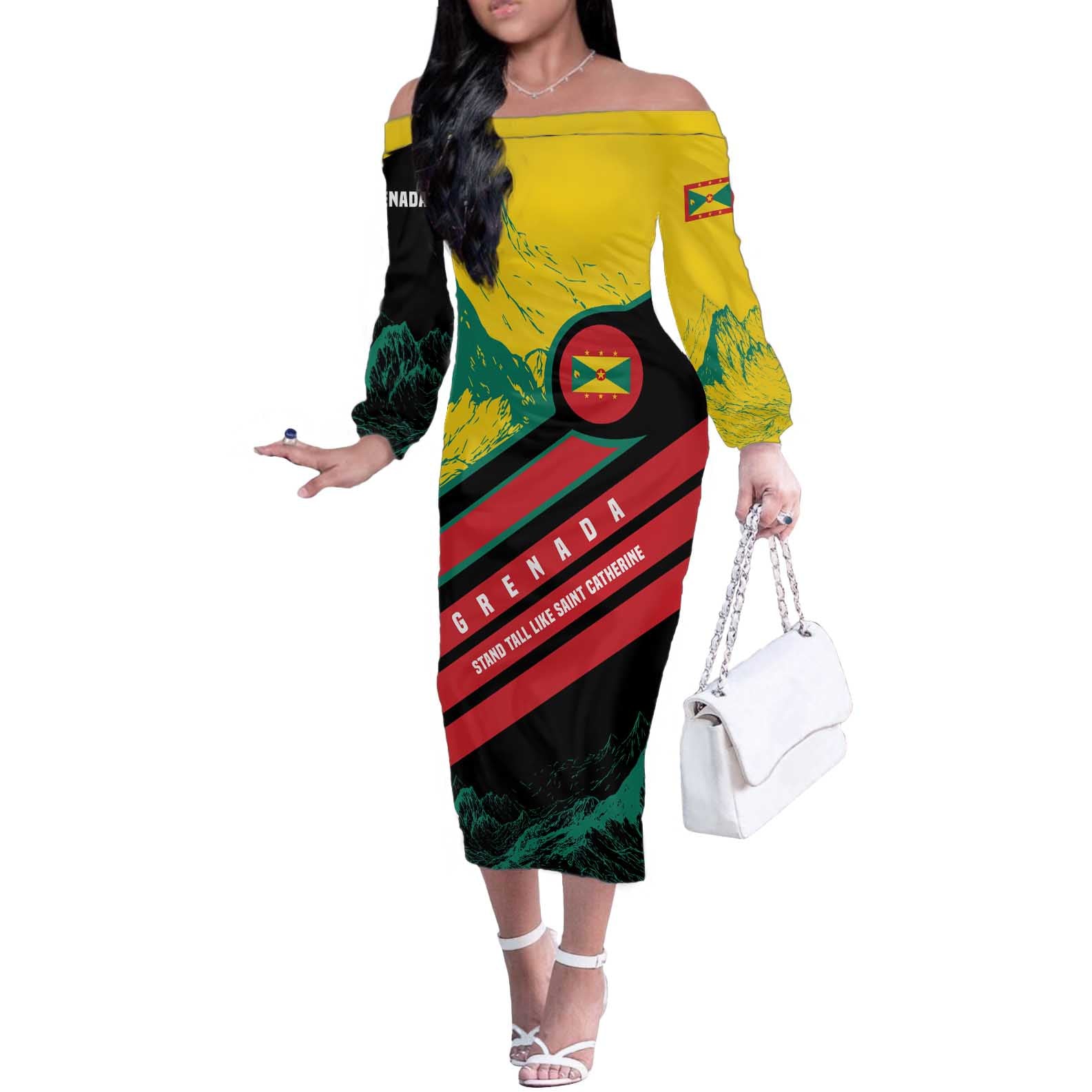 Grenada Mountain Graphic Off The Shoulder Long Sleeve Dress with National Flag and Saint Catherine Quote Design - Wonder Print Shop