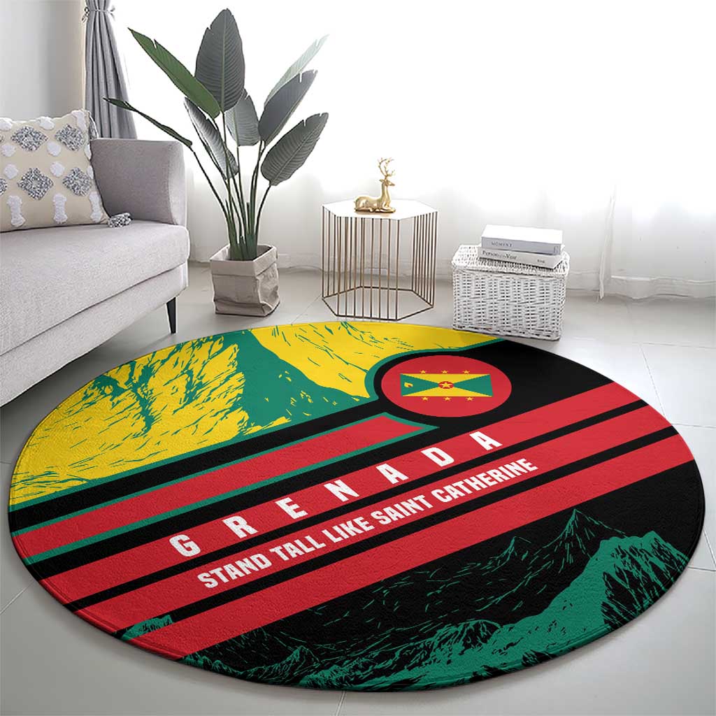 Grenada Mountain Graphic Round Carpet with National Flag and Saint Catherine Quote Design - Wonder Print Shop