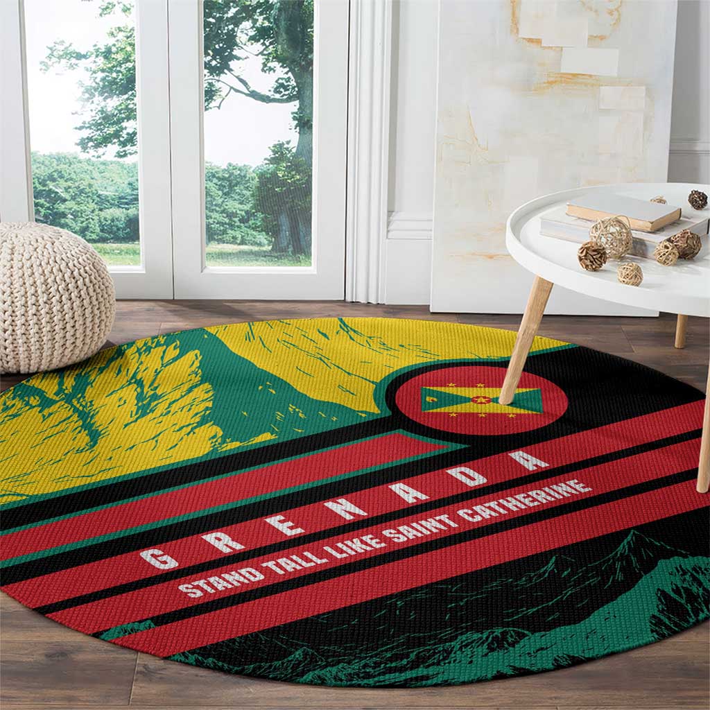 Grenada Mountain Graphic Round Carpet with National Flag and Saint Catherine Quote Design - Wonder Print Shop