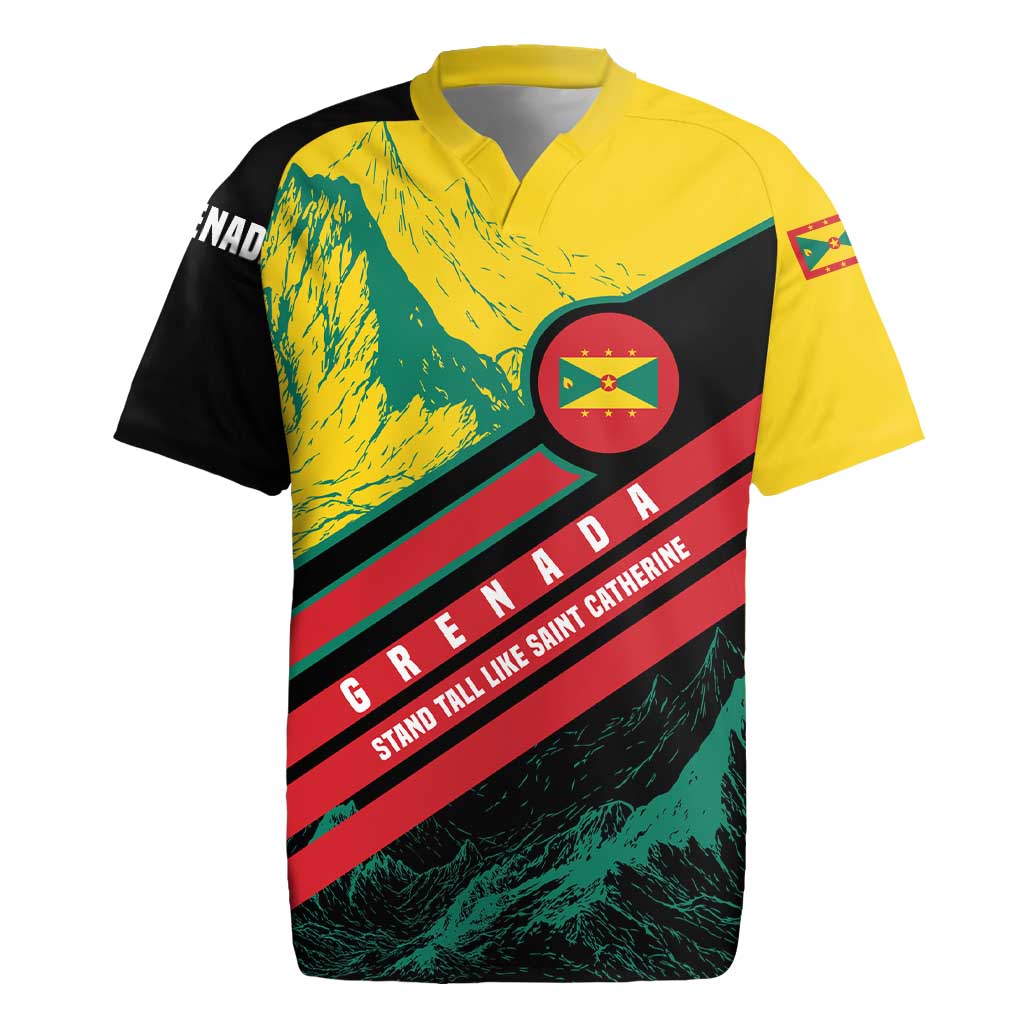 Grenada Mountain Graphic Rugby Jersey with National Flag and Saint Catherine Quote Design - Wonder Print Shop