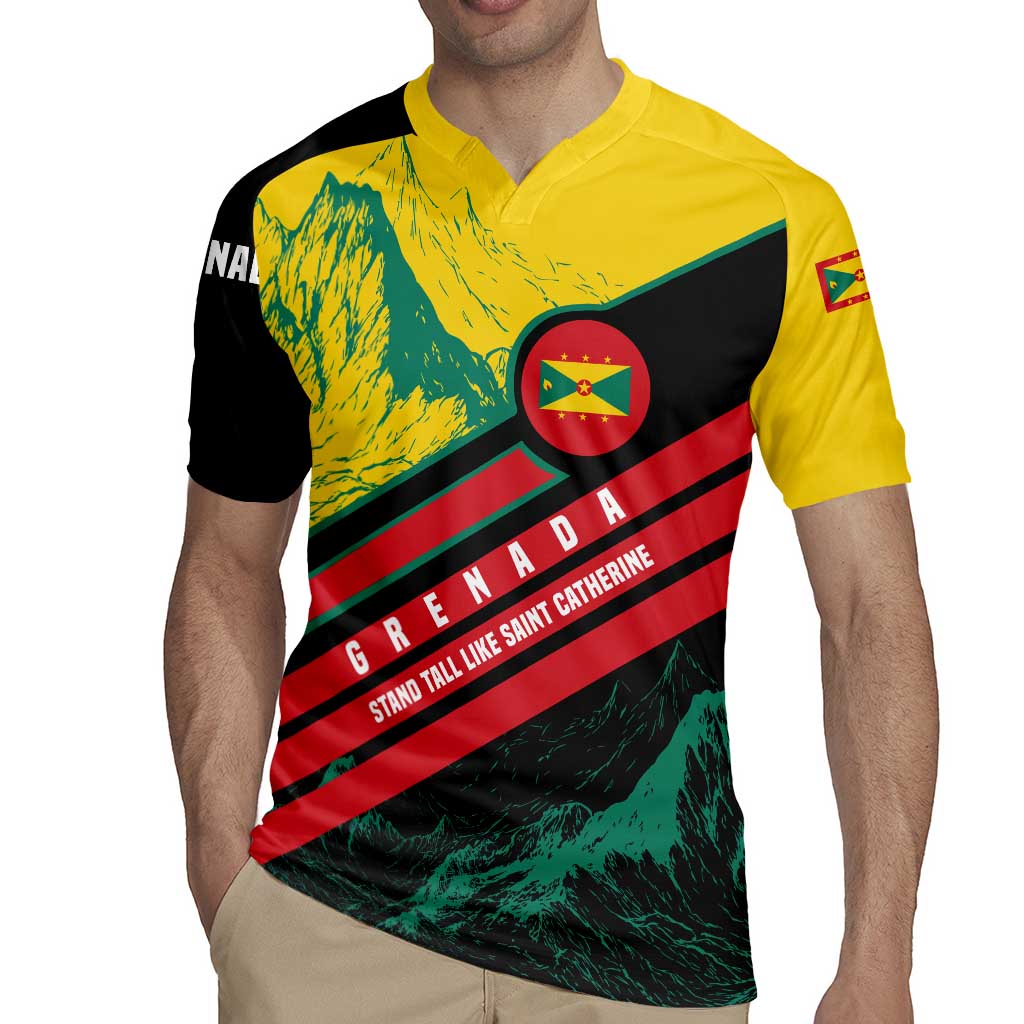 Grenada Mountain Graphic Rugby Jersey with National Flag and Saint Catherine Quote Design - Wonder Print Shop