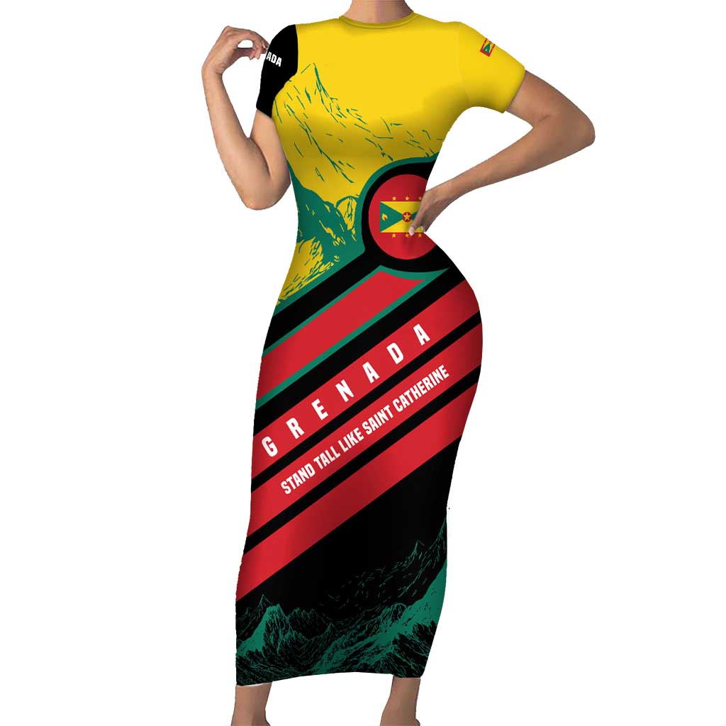 Grenada Mountain Graphic Short Sleeve Bodycon Dress with National Flag and Saint Catherine Quote Design - Wonder Print Shop