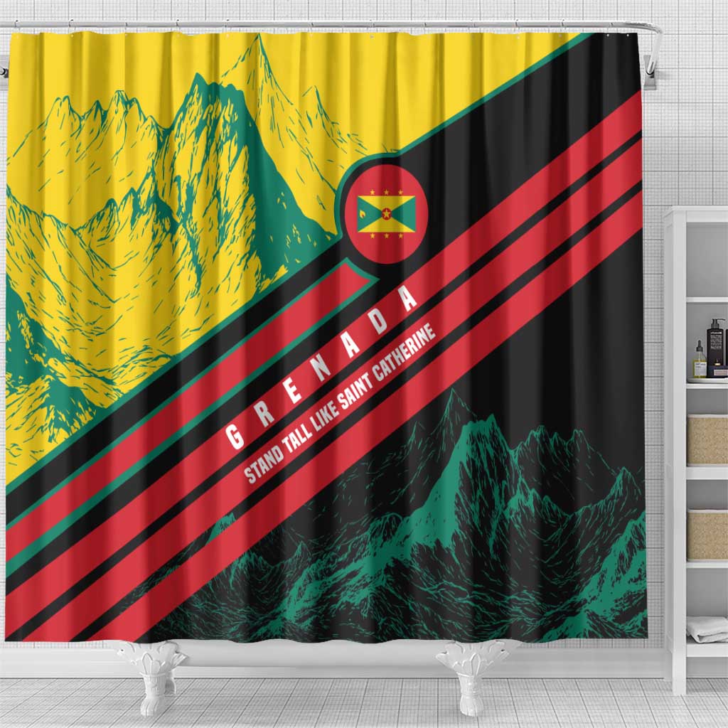 Grenada Mountain Graphic Shower Curtain with National Flag and Saint Catherine Quote Design - Wonder Print Shop