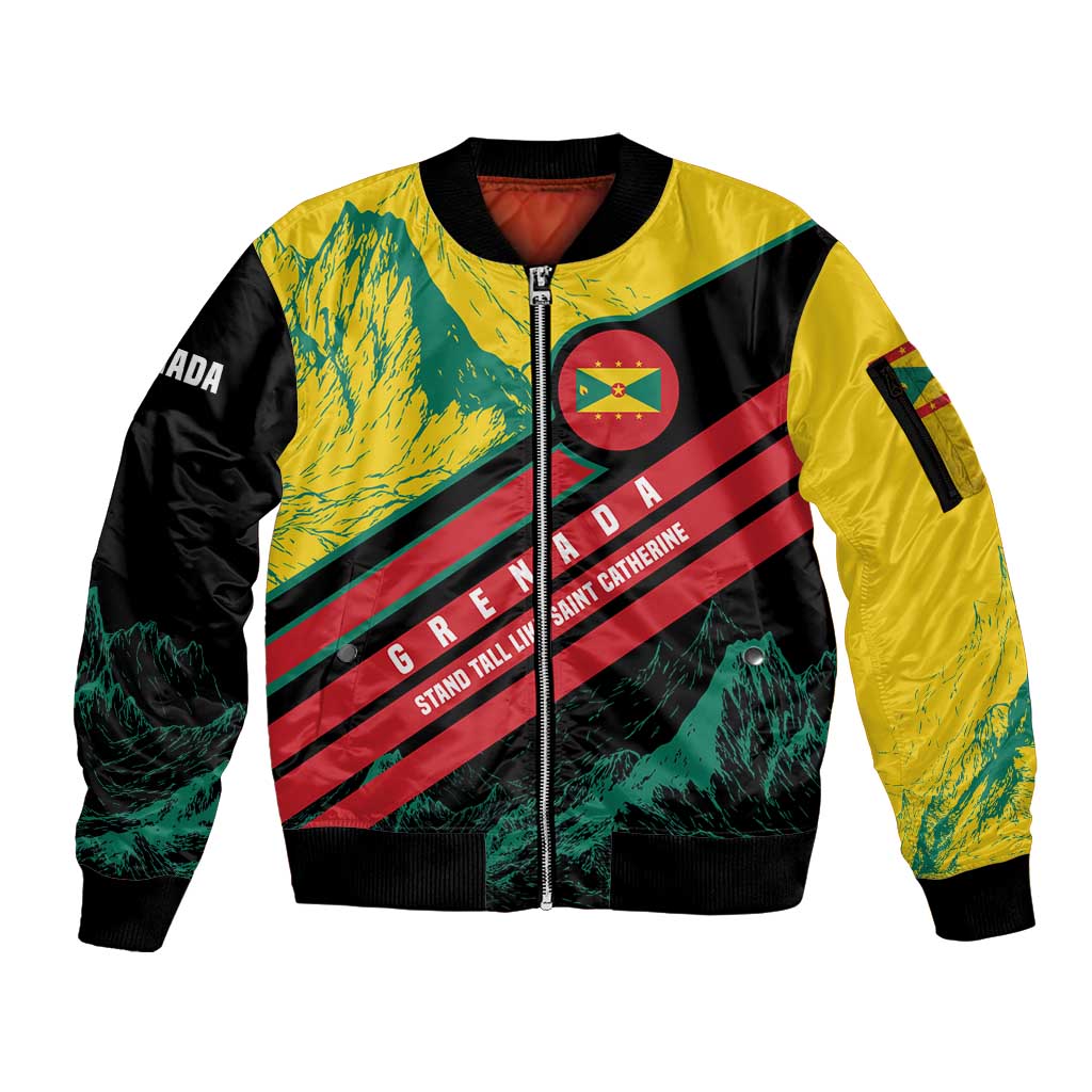 Grenada Mountain Graphic Sleeve Zip Bomber Jacket with National Flag and Saint Catherine Quote Design - Wonder Print Shop