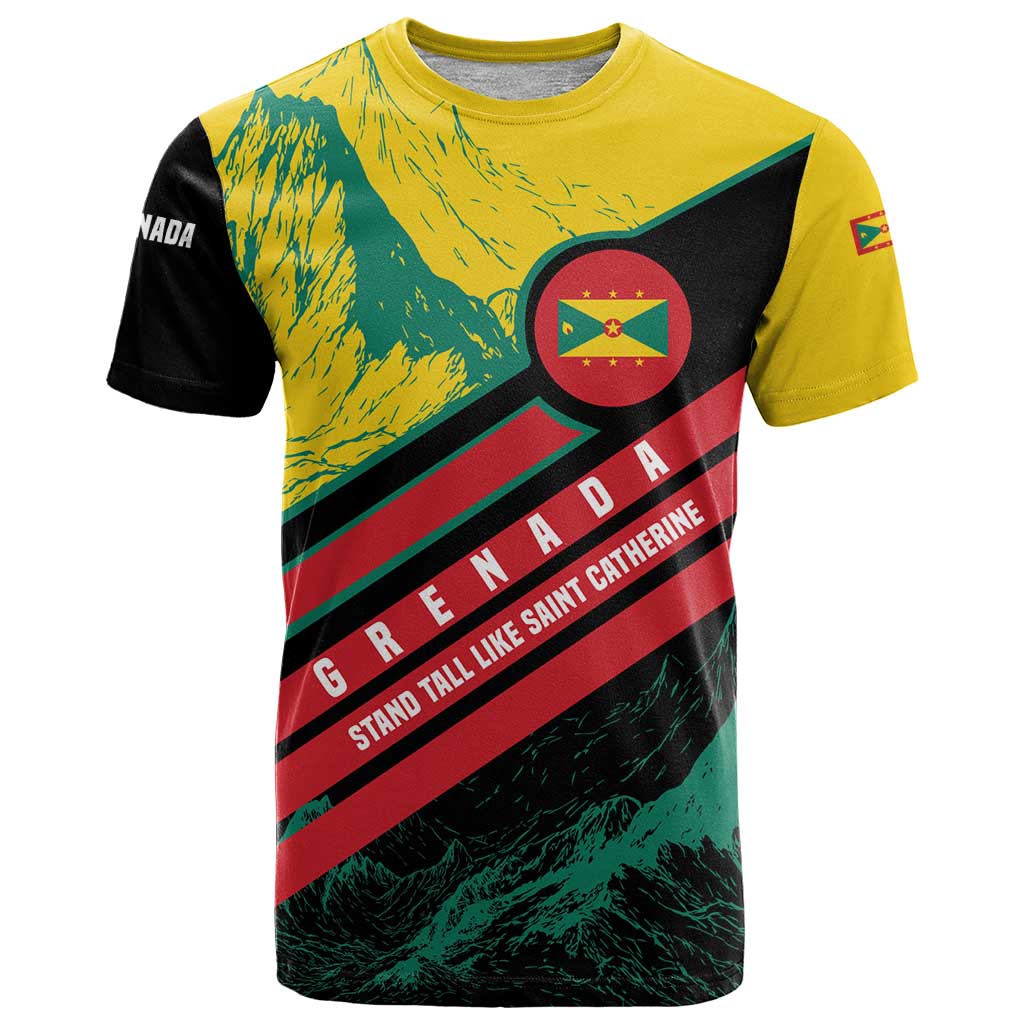 Grenada Mountain Graphic T Shirt with National Flag and Saint Catherine Quote Design - Wonder Print Shop