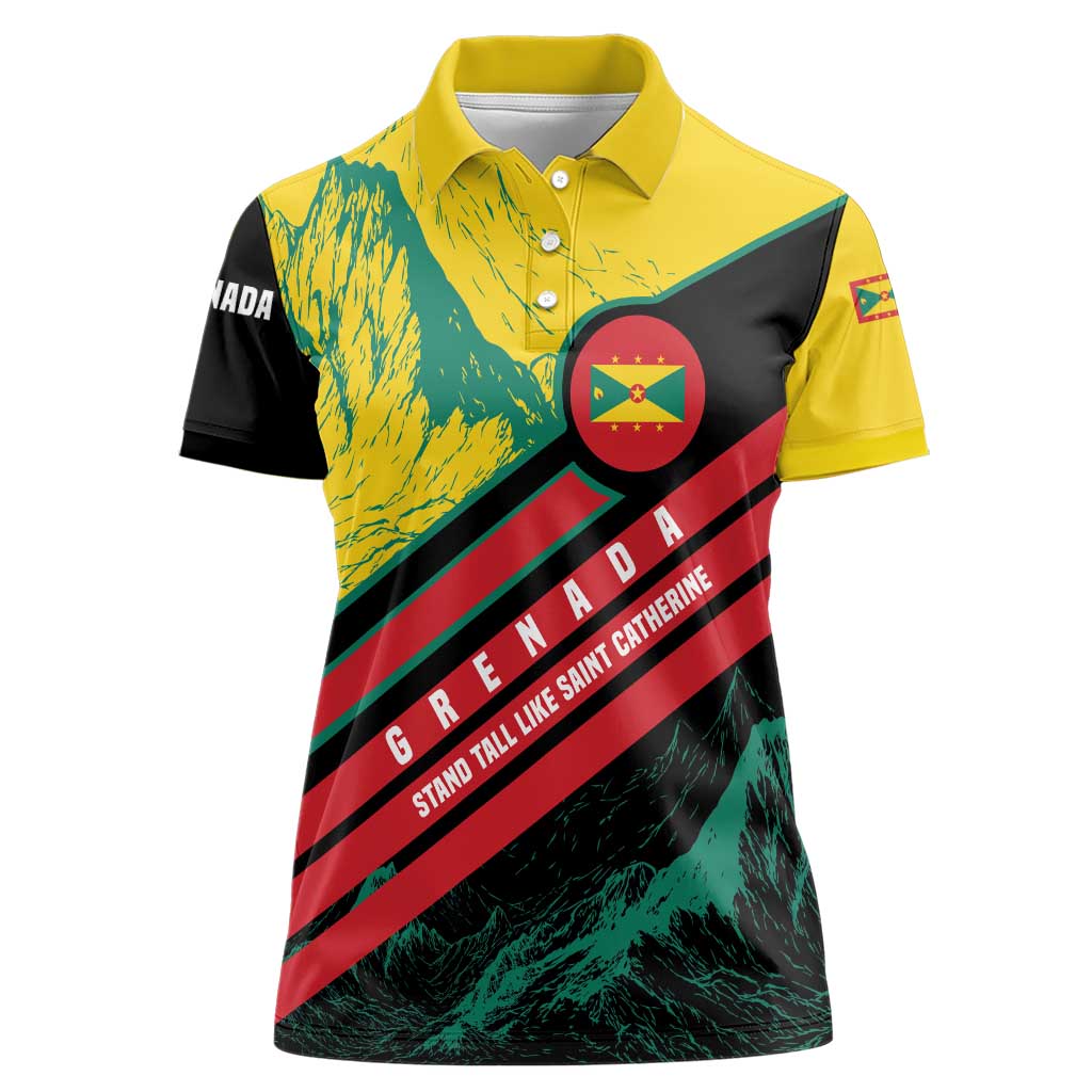 Grenada Mountain Graphic Women Polo Shirt with National Flag and Saint Catherine Quote Design - Wonder Print Shop
