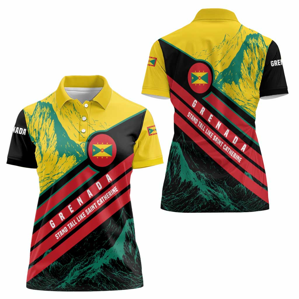 Grenada Mountain Graphic Women Polo Shirt with National Flag and Saint Catherine Quote Design - Wonder Print Shop