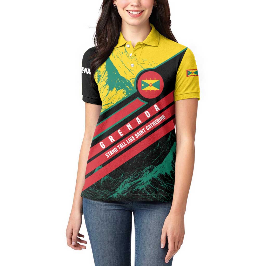 Grenada Mountain Graphic Women Polo Shirt with National Flag and Saint Catherine Quote Design - Wonder Print Shop