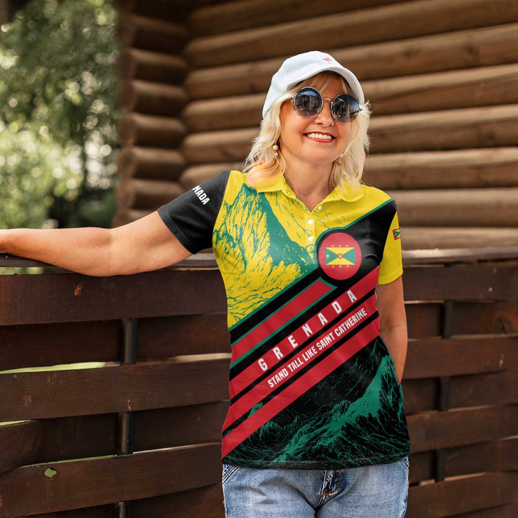 Grenada Mountain Graphic Women Polo Shirt with National Flag and Saint Catherine Quote Design - Wonder Print Shop