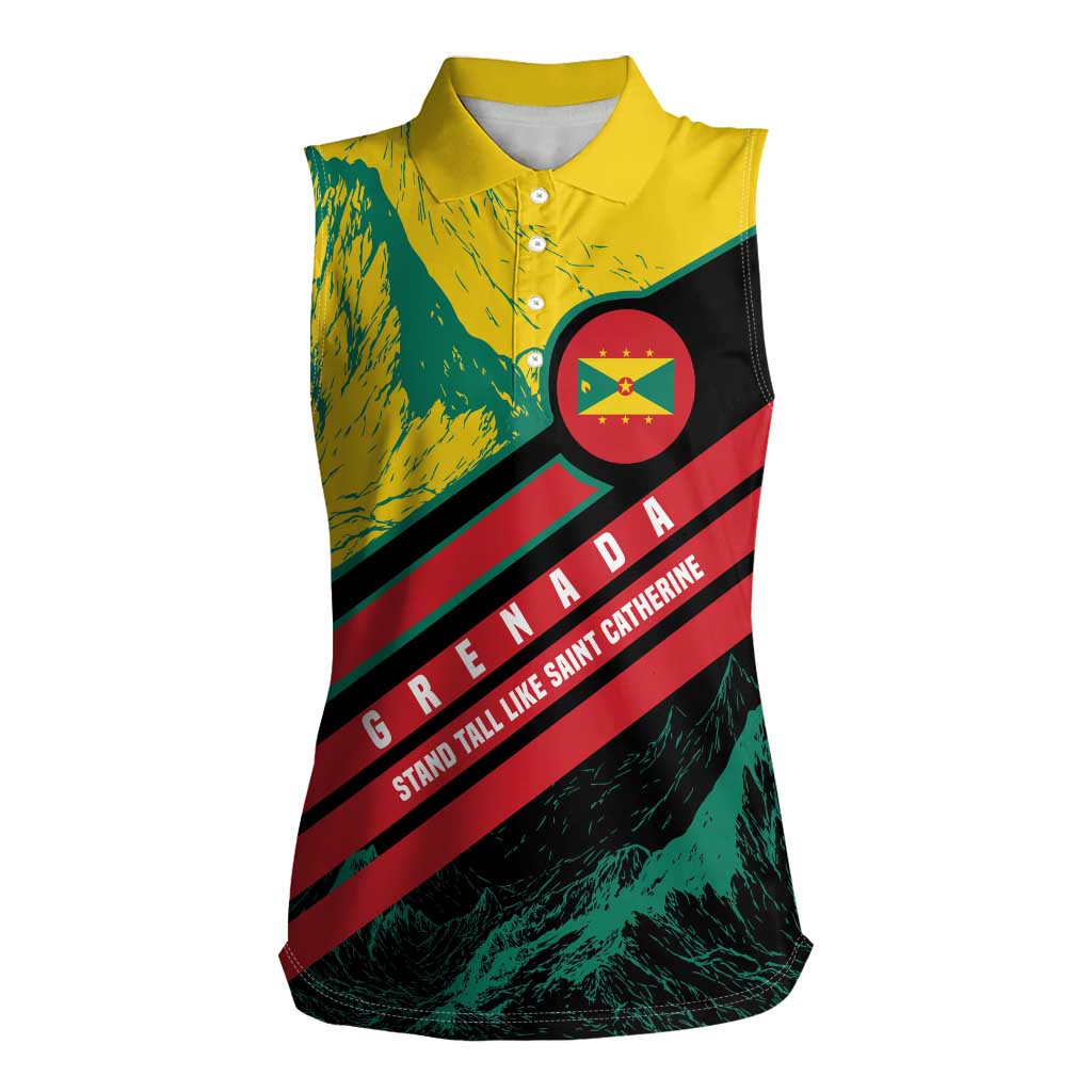 Grenada Mountain Graphic Women Sleeveless Polo Shirt with National Flag and Saint Catherine Quote Design - Wonder Print Shop