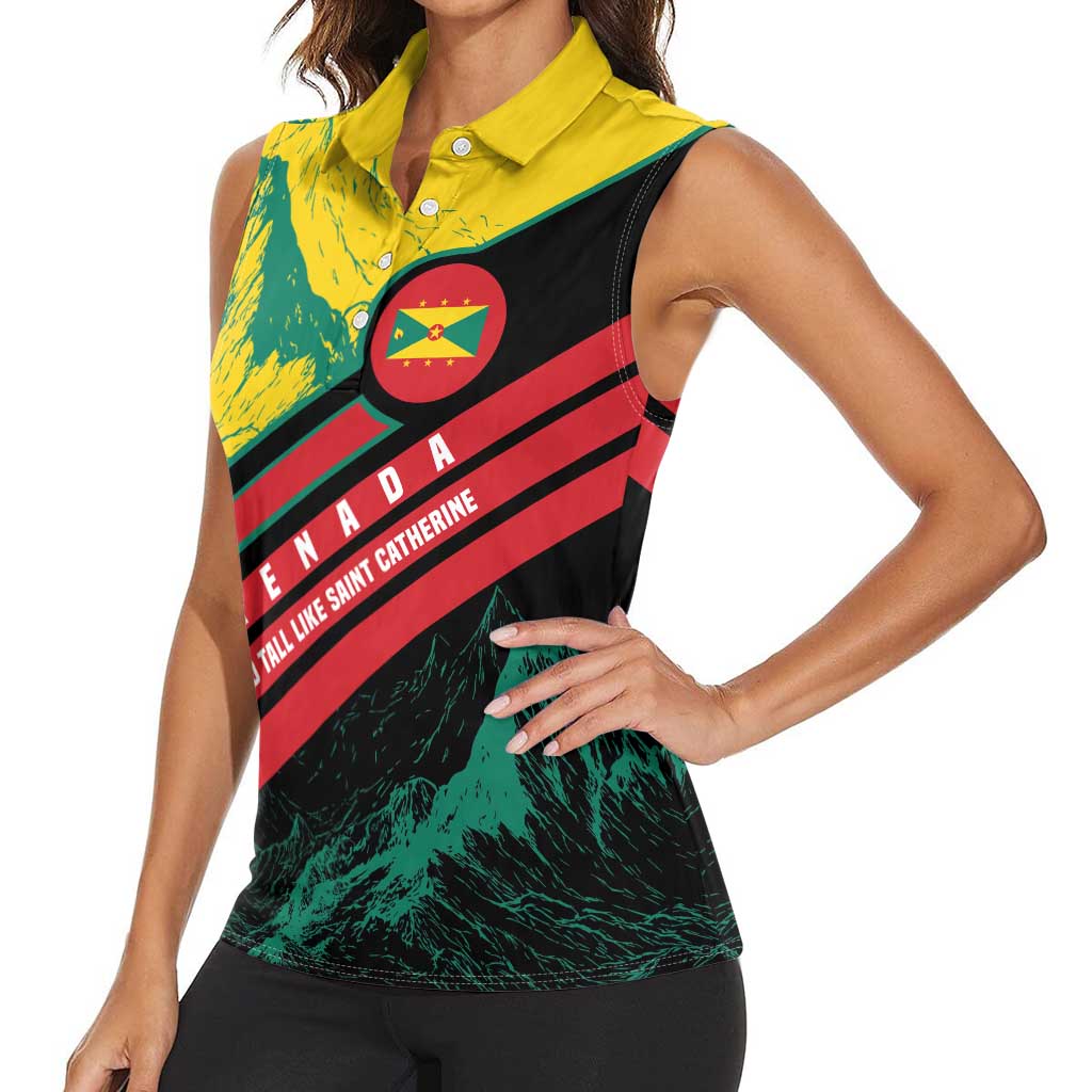Grenada Mountain Graphic Women Sleeveless Polo Shirt with National Flag and Saint Catherine Quote Design - Wonder Print Shop