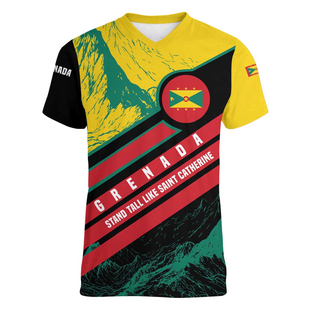 Grenada Mountain Graphic Women V-Neck T-Shirt with National Flag and Saint Catherine Quote Design - Wonder Print Shop