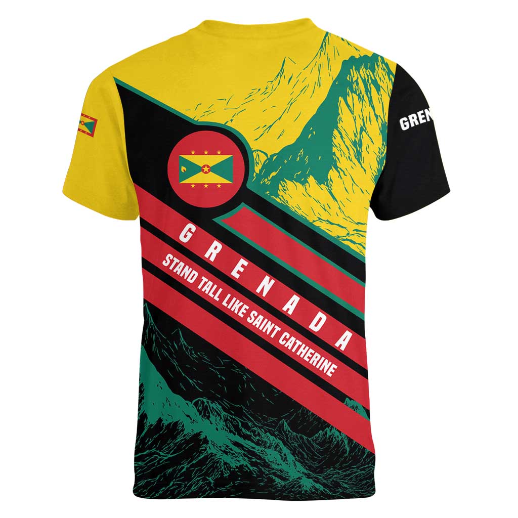 Grenada Mountain Graphic Women V-Neck T-Shirt with National Flag and Saint Catherine Quote Design - Wonder Print Shop