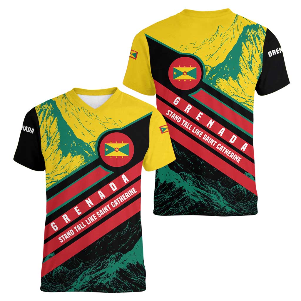 Grenada Mountain Graphic Women V-Neck T-Shirt with National Flag and Saint Catherine Quote Design - Wonder Print Shop