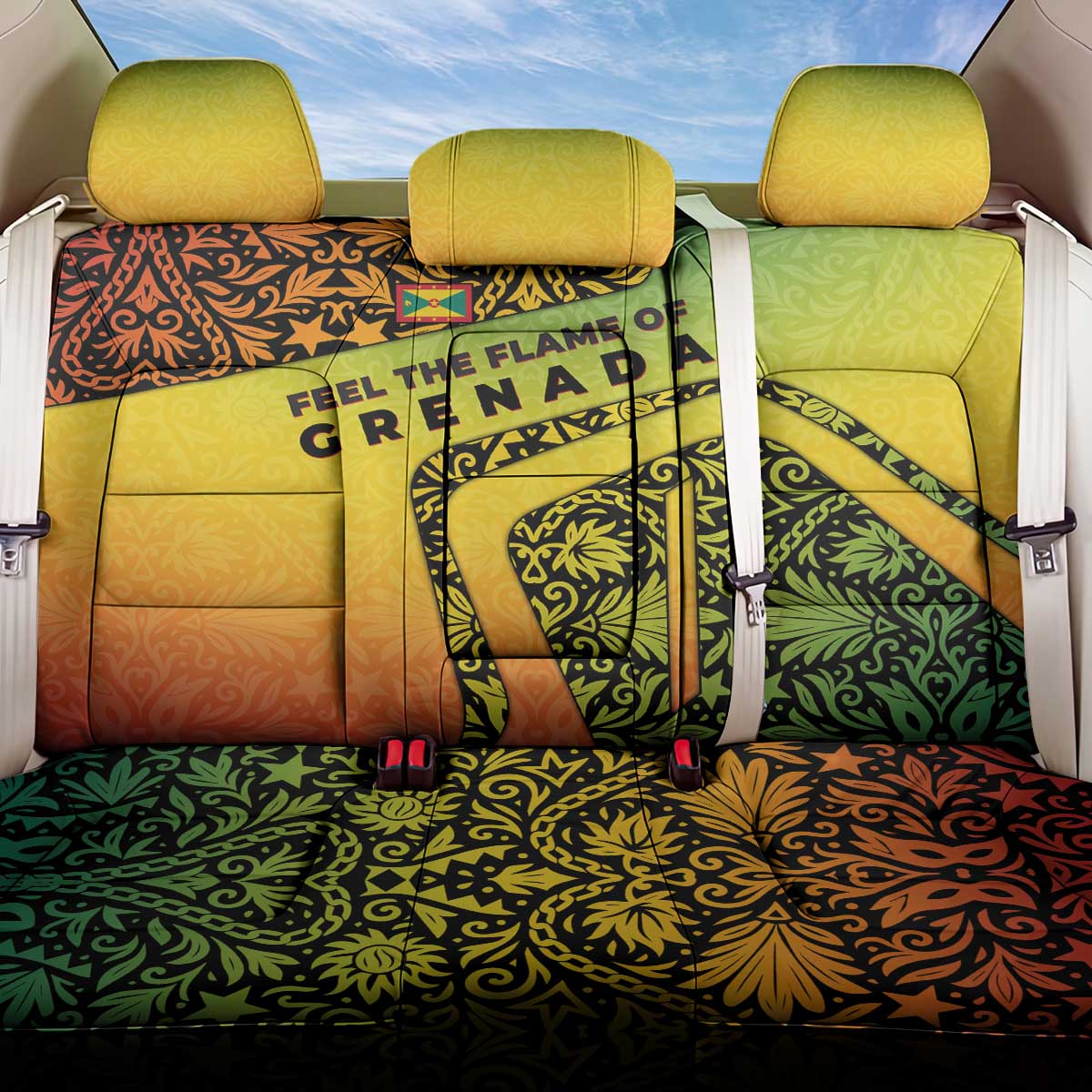 Grenada Tribal Floral Pattern Back Car Seat Cover with Rasta Gradient and Flame Motto Design - Wonder Print Shop